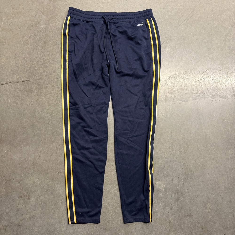 Hollister Mens XL Navy Blue Track Pants Yellow Side Stripe Joggers 3627